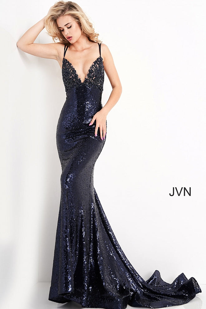 Jovani JVN05803 is a Stunning Long formal evening gown. This sequin embellished prom dress features a gorgeous v neckline with beaded & Embroidering for a floral pattern along the bust. Spaghetti straps leading to an open back with a lace up tie corset. This backless Prom dress also has a gorgeous sweeping train perfect for pageants! JVN 05803  Available Sizes: 00,0,2,4,6,8,10,12,14,16,18,20,22,24  Available Color: Navy
