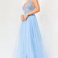 Jovani JVN05818 - JVN 05818 is a Gorgeous Long Glittering Tulle A Line ballgown prom dress. Featuring a sheer Fitted V Neckline bodice with crystal rhinestone embellishments. Open V Back. Look like a princess in this stunning formal evening gown. light blue