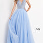 Jovani JVN05818 - JVN 05818 is a Gorgeous Long Glittering Tulle A Line ballgown prom dress. Featuring a sheer Fitted V Neckline bodice with crystal rhinestone embellishments. Open V Back. Look like a princess in this stunning formal evening gown. Available Sizes: 00,0,2,4,6,8,10,12,14,16,18,20,22,24  Available Colors: Blush, Fuchsia, Light Blue
