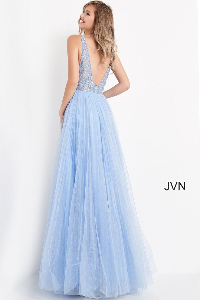 Jovani JVN05818 - JVN 05818 is a Gorgeous Long Glittering Tulle A Line ballgown prom dress. Featuring a sheer Fitted V Neckline bodice with crystal rhinestone embellishments. Open V Back. Look like a princess in this stunning formal evening gown. Available Sizes: 00,0,2,4,6,8,10,12,14,16,18,20,22,24  Available Colors: Blush, Fuchsia, Light Blue