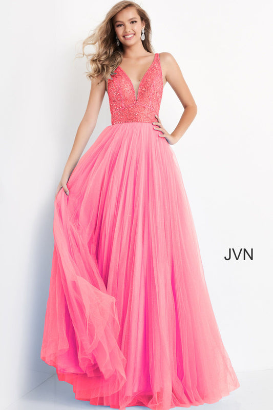 Jovani JVN05818 - JVN 05818 is a Gorgeous Long Glittering Tulle A Line ballgown prom dress. Featuring a sheer Fitted V Neckline bodice with crystal rhinestone embellishments. Open V Back. Look like a princess in this stunning formal evening gown.
