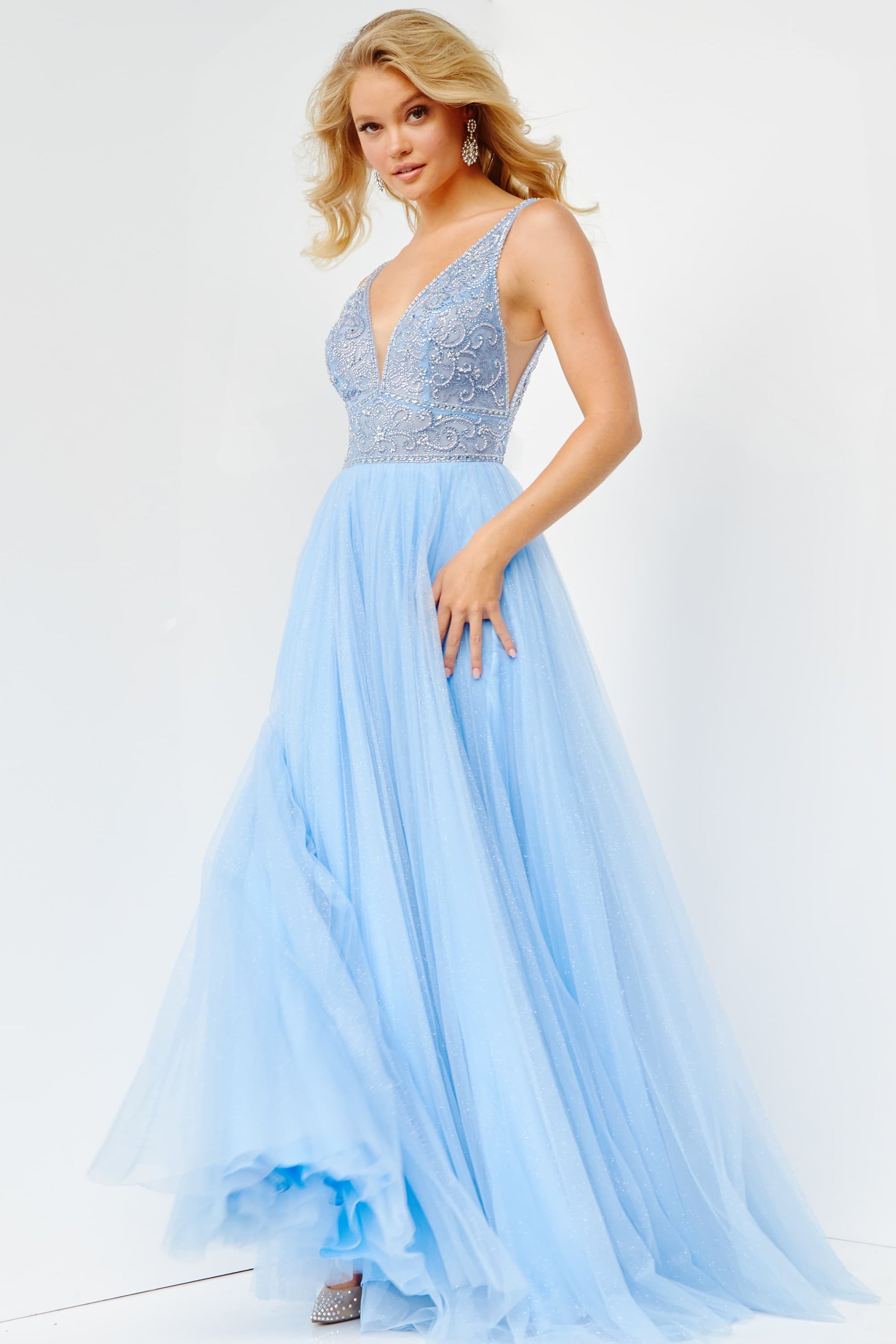Fairy Ball Gown V Neck Blue Tulle Prom Dresses with Slit VK23011403 –  Vickidress