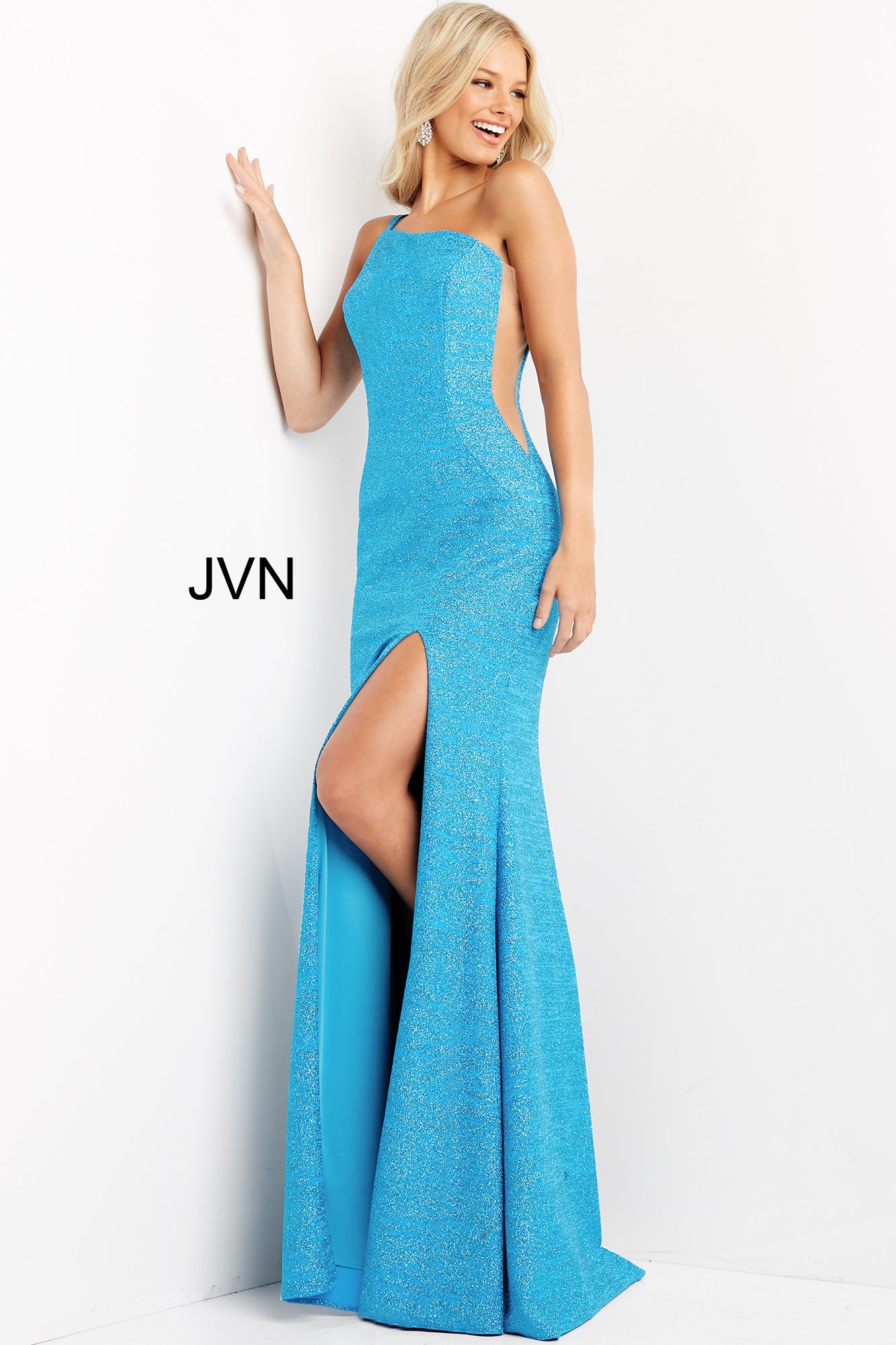 Jovani JVN06126 One Shoulder Prom Dress Sheer Sides High Slit Fitted Shimmer