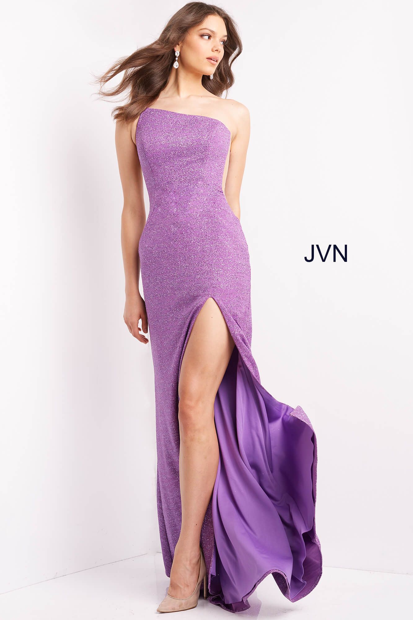 JVN06126 JVN06126 One Shoulder Prom Dress Sheer Sides High Slit Fitted Shimmer