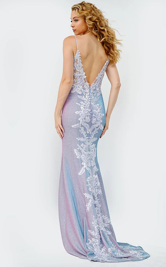 Jovani JVN06454 Long Fitted Sheer Lilac Shimmering Prom Dress Floral Lace Slit