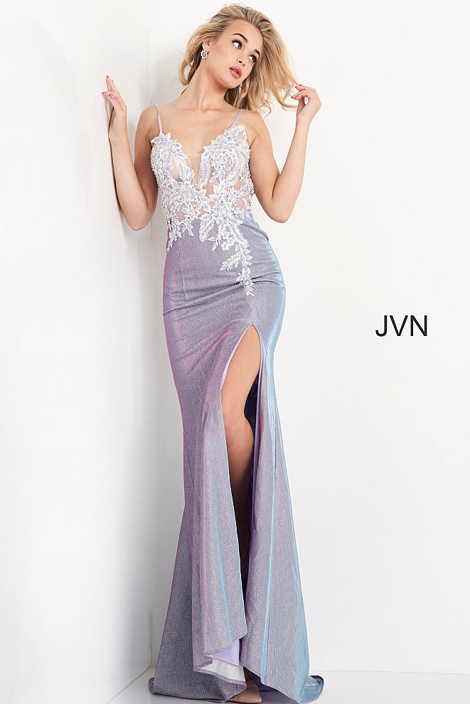 Jovani JVN06454 - JVN 06454 is a gorgeous long Lilac formal evening gown. This prom dress features a glitter shimmering stretch iridescent skirt with a slit and floral lace appliques cascading down the back of the dress into the sweeping train. Fitted Plunging  V Neckline sheer bodice covered in beaded & Embellished flower lace appliques and crystal rhinestone studded spaghetti straps. Open V Back. Available Sizes: 00,0,2,4,6,8,10,12,14,16,18,20,22,24  Available Sizes: Lilac