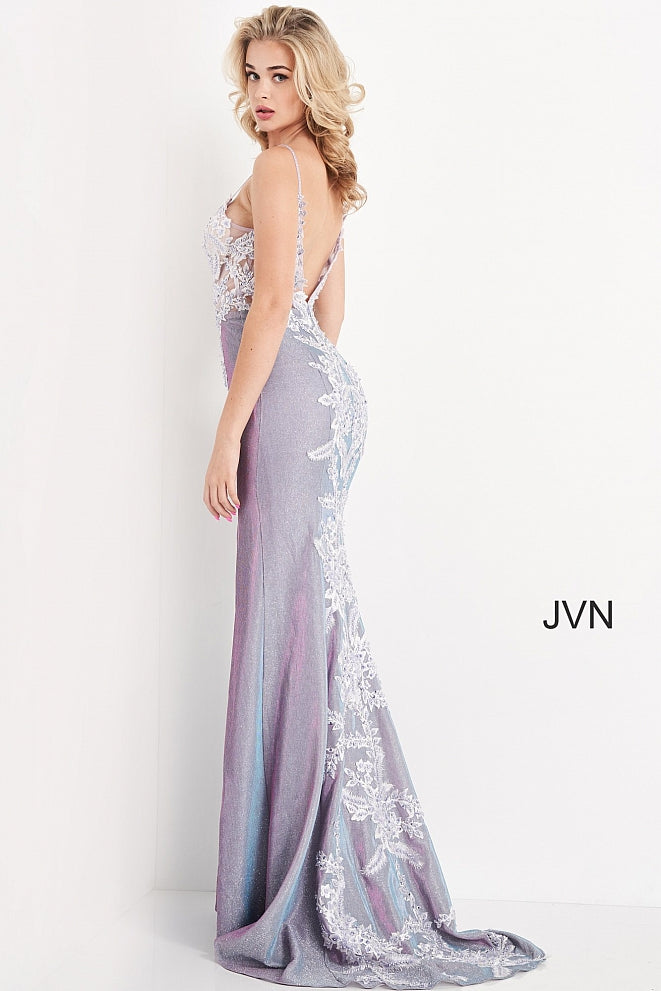 Jovani JVN06454 - JVN 06454 is a gorgeous long Lilac formal evening gown. This prom dress features a glitter shimmering stretch iridescent skirt with a slit and floral lace appliques cascading down the back of the dress into the sweeping train. Fitted Plunging  V Neckline sheer bodice covered in beaded & Embellished flower lace appliques and crystal rhinestone studded spaghetti straps. Open V Back. Available Sizes: 00,0,2,4,6,8,10,12,14,16,18,20,22,24  Available Sizes: Lilac