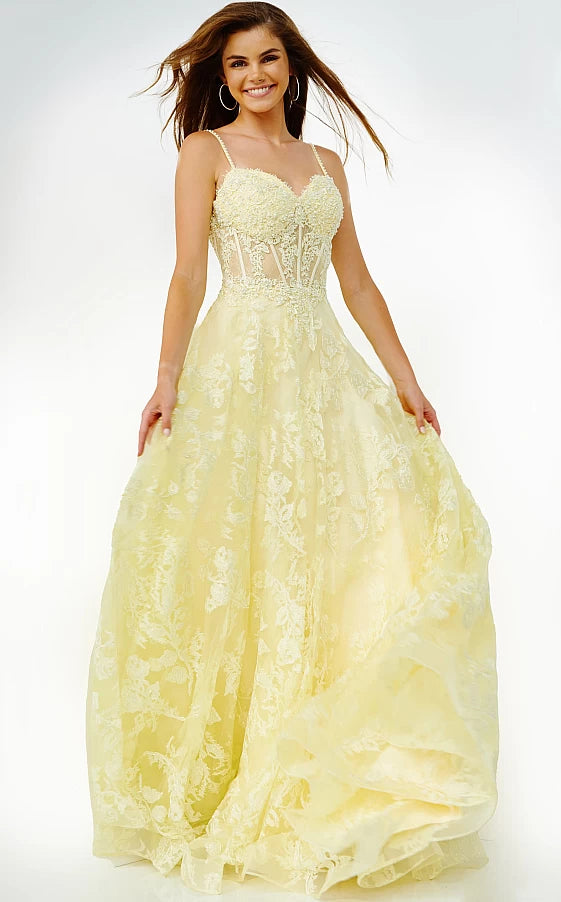Jovani JVN06474 Long Lace A Line Ballgown Prom Dress Glitter Corset Formal Gown