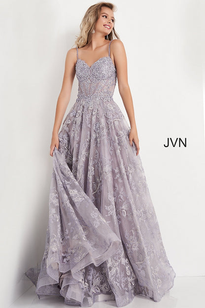 Jovani JVN06474 - JVN 06474 is a Long a line formal evening dress. fitted sweetheart corset style bodice with boning, Floral lace Appliques & eyelash lace edges. beaded & Crystal Rhinestone embellished. Flower embroidered glitter tulle ball gown skirt. Lush Skirt with horse hair trim.  Available Sizes: 00,0,2,4,6,8,10,12,14,16,18,20,22,24  Available Colors: Lilac, Mauve