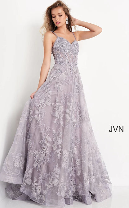  JVN02266 Lilac plunging v neckline embroidered lace A line prom dress