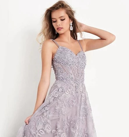 JVN02266 floral embroidered A line prom dress evening gown plunging v neckline Lilac