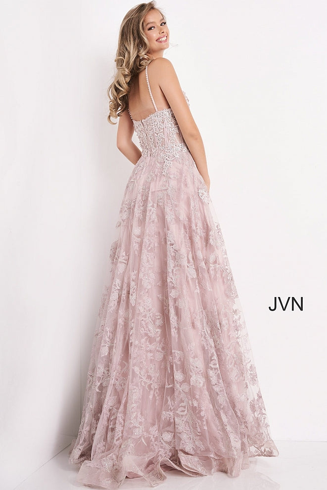 Jovani JVN06474 - JVN 06474 is a Long a line formal evening dress. fitted sweetheart corset style bodice with boning, Floral lace Appliques & eyelash lace edges. beaded & Crystal Rhinestone embellished. Flower embroidered glitter tulle ball gown skirt. Lush Skirt with horse hair trim.  Available Sizes: 00,0,2,4,6,8,10,12,14,16,18,20,22,24  Available Colors: Lilac, Mauve