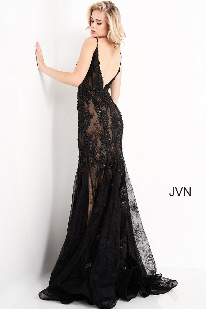 Jovani JVN06475 - JVN 06475 is a Stunning Long fitted formal evening gown. Featuring a solid lace design with floral lace appliques embellished with Beading & Sequins. Fit & Flare Mermaid silhouette with a lush sweeping trumpet skirt & Train. Sheer corset style fitted bodice with boning. open V Back. This Backless Prom dress has beaded spaghetti straps and a plunging neckline. Great Pageant Style as well! Available Sizes: 00,0,2,4,6,8,10,12,14,16,18,20,22,24  Available Colors: Silver, Black, Black/Nude