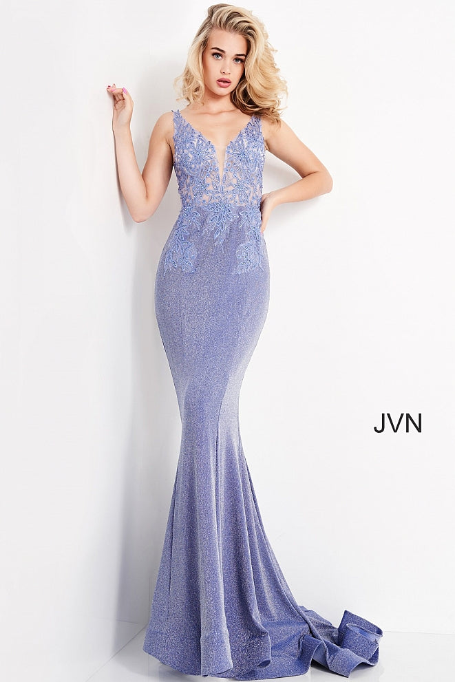 Jovani JVN06505 - JVN 06505 is a stunning shimmering glitter stretch fabric. Featuring a sheer Fitted Plunging V Neckline bodice with floral lace appliques embellished with crystal rhinestones. open v back with corset lace up tie closure. Fit & Flare silhouette with a lush sweeping train. Great formal evening gown. Available Sizes: 00,0,2,4,6,8,10,12,14,16,18,20,22,24  Available Colors: Blush, Perriwinkle