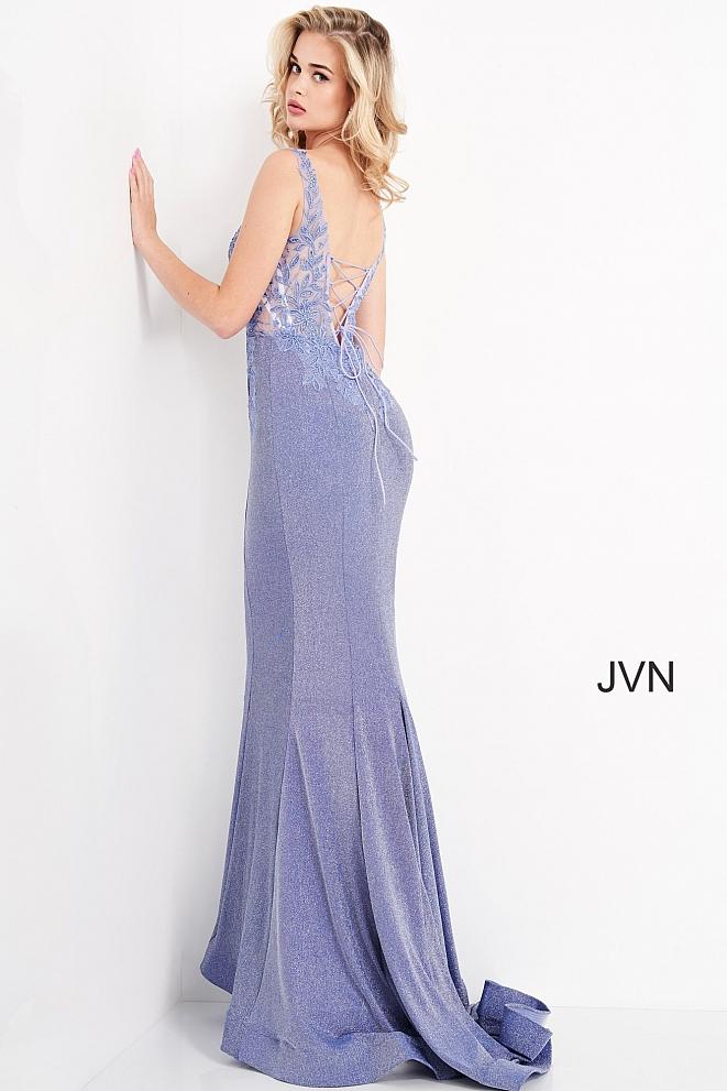 Jovani JVN06505 - JVN 06505 is a stunning shimmering glitter stretch fabric. Featuring a sheer Fitted Plunging V Neckline bodice with floral lace appliques embellished with crystal rhinestones. open v back with corset lace up tie closure. Fit & Flare silhouette with a lush sweeping train. Great formal evening gown. Available Sizes: 00,0,2,4,6,8,10,12,14,16,18,20,22,24  Available Colors: Blush, Perriwinkle