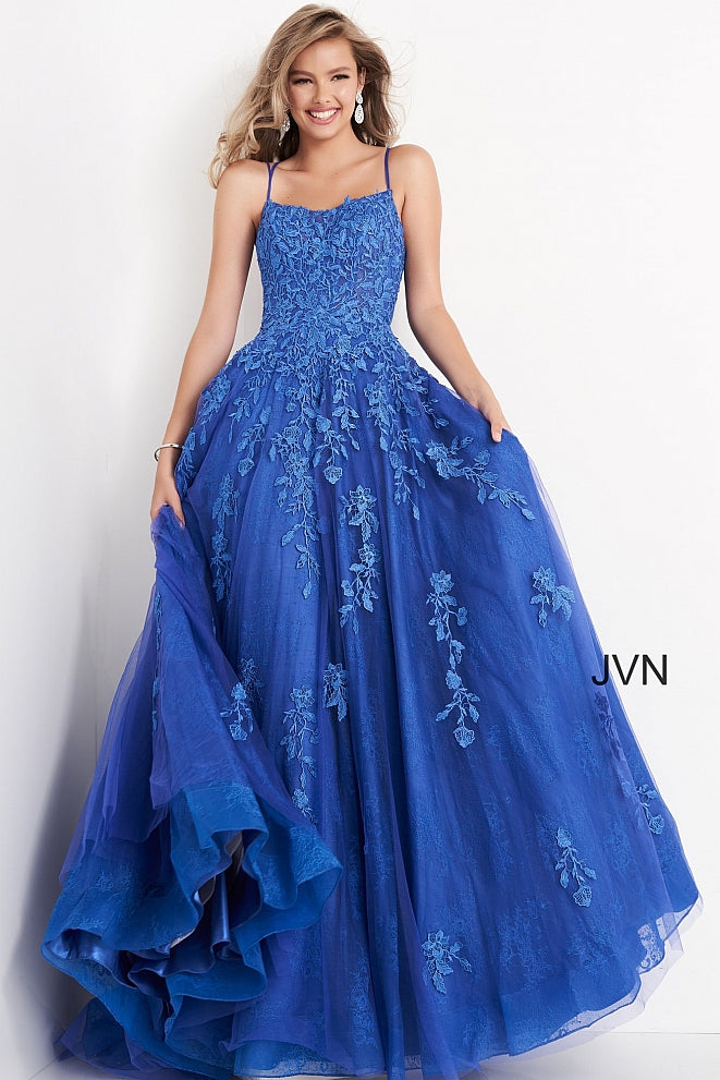 Jovani JVN06644 is a Long Lush Ballgown Prom Dress. This gown features a sheer fitted bodice with a scoop neckline and spaghetti straps. Floral lace appliques Embellish the top and cascade down into the full a line skirt. Open corset lace up tie back with a sweeping train. JVN 06644 Available Sizes: 00,0,2,4,6,8,10,12,14,16,18,20,22,24  Available Colors: Cobalt/Blue, Lilac/White