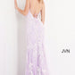 Jovani JVN06660 - JVN 06660 is a long fitted Lace formal evening gown. This Backless prom dress with a lace up corset back closure features floral lace appliques embellished with crystal rhinestones over a lace layer. Fit & Flare Silhouette with a lush sweeping train and a wide thigh slit. Available Sizes: 00,0,2,4,6,8,10,12,14,16,18,20,22,24  Available Colors: Cobalt/Blue, Lilac/White