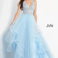 JVN06743 Plunging neckline sheer lace prom dress with layers of tulle trimmed in horsehair trim for added fullness in your ball gown style evening gown.  JVN by Jovani 06743 is perfect for prom or pageant or your next formal event. Available colors:  Sky Blue  Available sizes:  00-24 