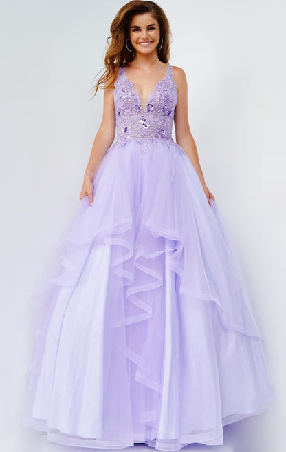 JVN06743 lace v neckline tulle prom dress ball gown layers of tulle sheer v back Lilac