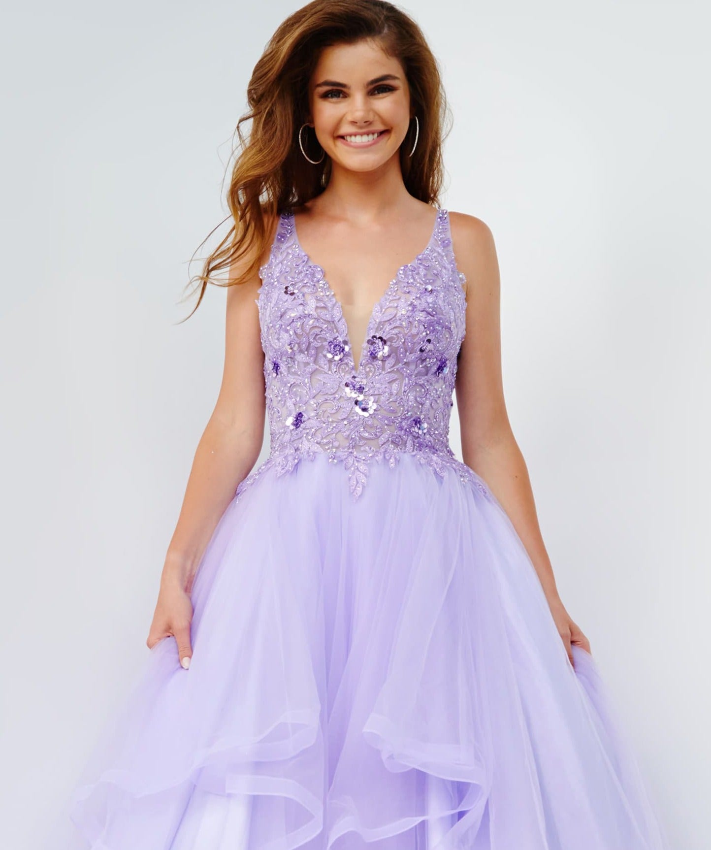 Lilac Tulle V Neck High Low Layered Lace Long Prom Dresses, Purple Lac –  Lwt Dress