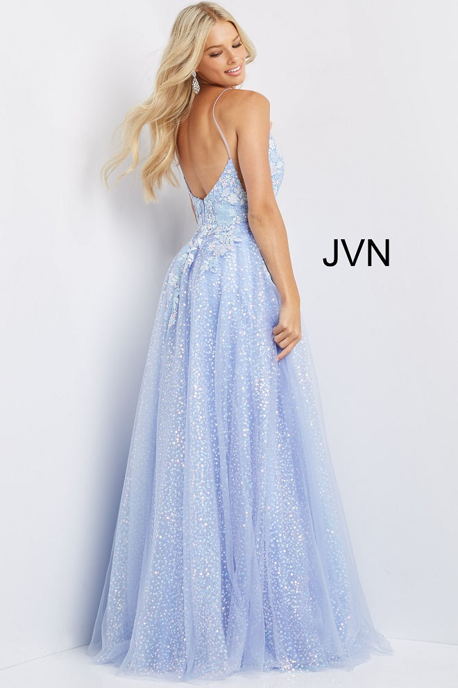 JVN07252-Perriwinkle-prom-dress-back-v-neckline-appliques-embellished-A-LineJVN07252 Periwinkle Prom Dress.  Do you love flowers and periwinkle?  Then this prom dress is for you.  It is an A line dress with sequin underlay long skirt.  The bodice has a low v neckline with sheer courtesy panel.  The bodice is covered in floral appliques that stream down the dress.  Available color:  Periwinkle  Available sizes:  00-24 