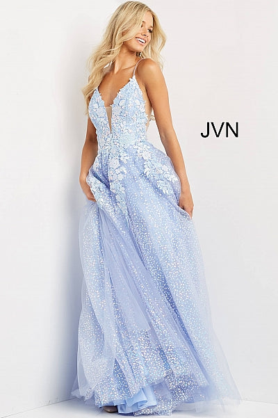 JVN07252-Perriwinkle-prom-dress-front-v-neckline-appliques-embellished-A-LineJVN07252 Periwinkle Prom Dress.  Do you love flowers and periwinkle?  Then this prom dress is for you.  It is an A line dress with sequin underlay long skirt.  The bodice has a low v neckline with sheer courtesy panel.  The bodice is covered in floral appliques that stream down the dress.  Available color:  Periwinkle  Available sizes:  00-24 