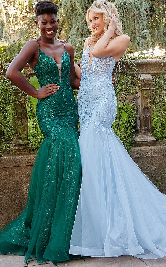 Jovani JVN07398 Lace top Mermaid Fit and Flare Prom Dress low v neckline mid back tulle bottom skirt horsehair trim  Available colors:  Emerald, Light Blue, Navy, Red  Sizes: 00-24