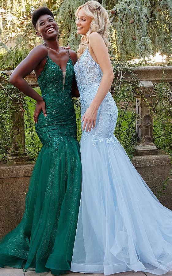Jovani JVN07398 Lace top Mermaid Fit and Flare Prom Dress low v neckline mid back tulle bottom skirt horsehair trim  Available colors:  Emerald, Light Blue, Navy, Red  Sizes: 00-24