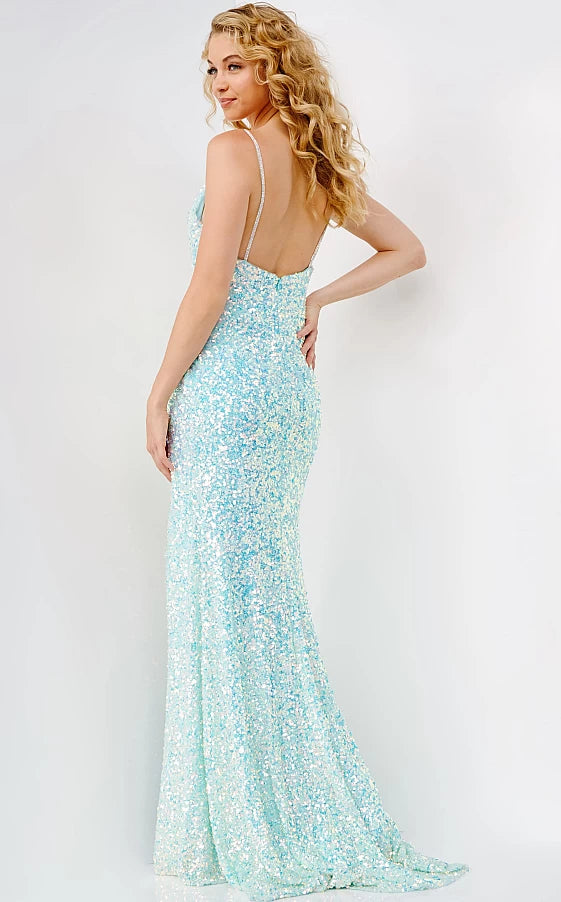 Jovani JVN07590 Size 2 Light Blue Prom Dress Long Fitted Sequin Slit V Neck Formal Gown Pageant Light Blue