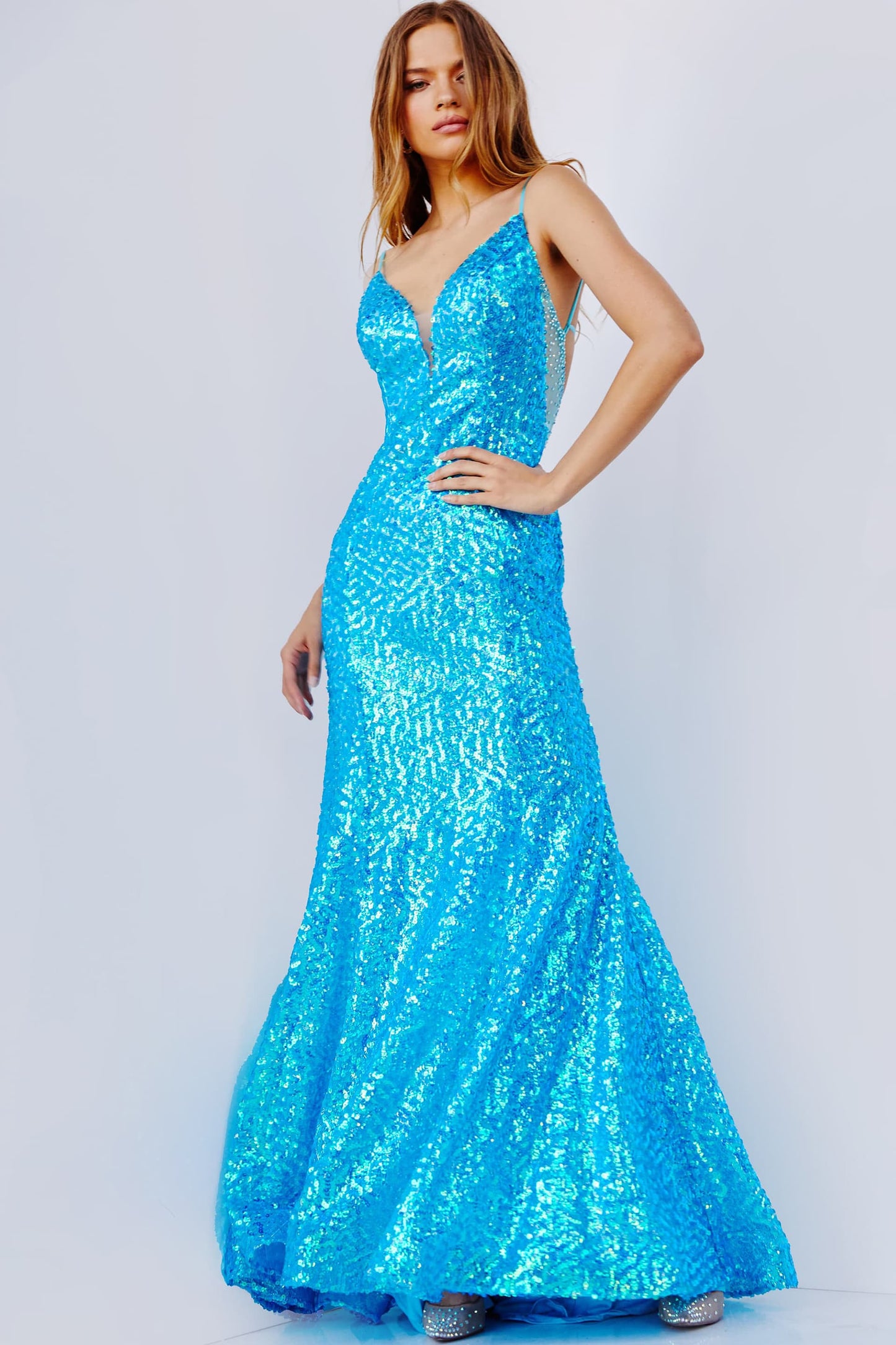 JVN07594 Long Sequin Prom Dress Pageant Gown Iridescent Formal
