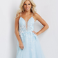 JVN07637-Light-Blue-Prom-Dress-front-close-up-flowers-plunging-neckline-A-Line