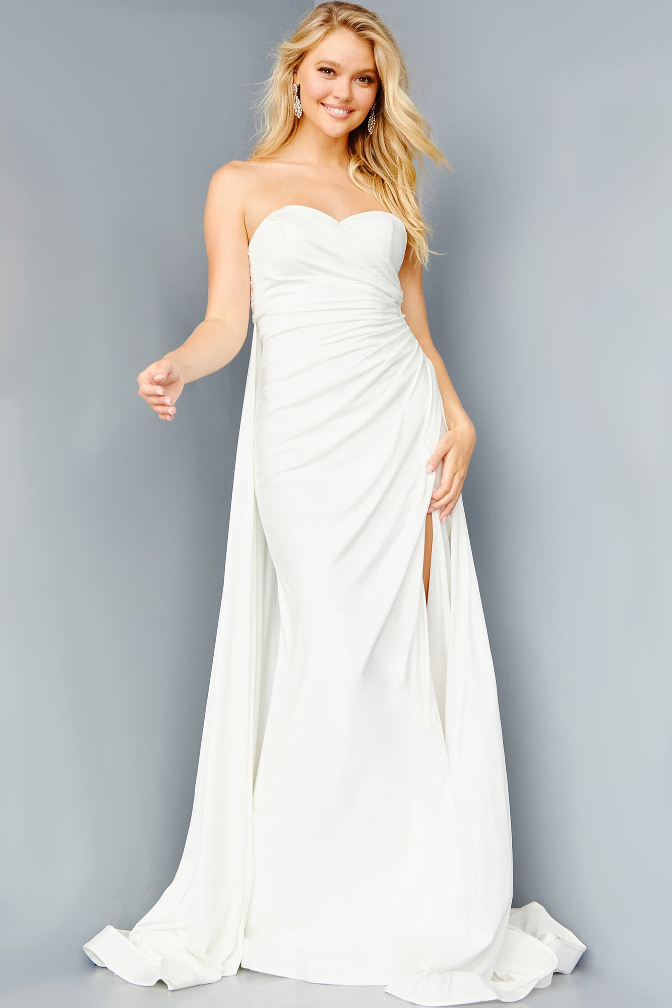 JVN07648 Long Flowy Prom Dress Pageant Gown. Strapless with Ruching and a high slit.  Would make a nice informal wedding dress. 
