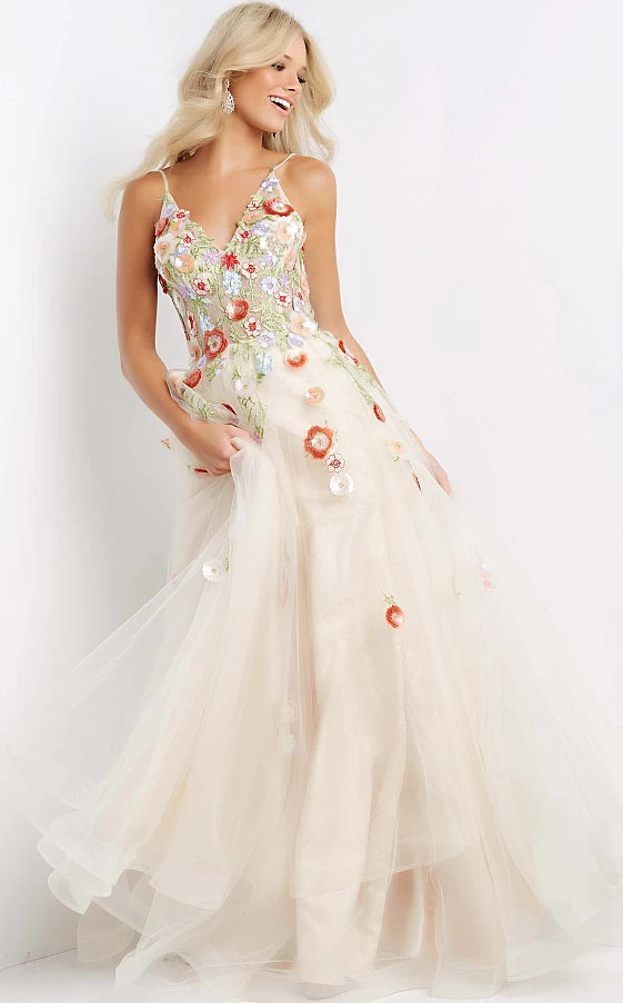 JVN08082 Long Ballgown Prom Pageant Gown 3D Floral Appliques Dress