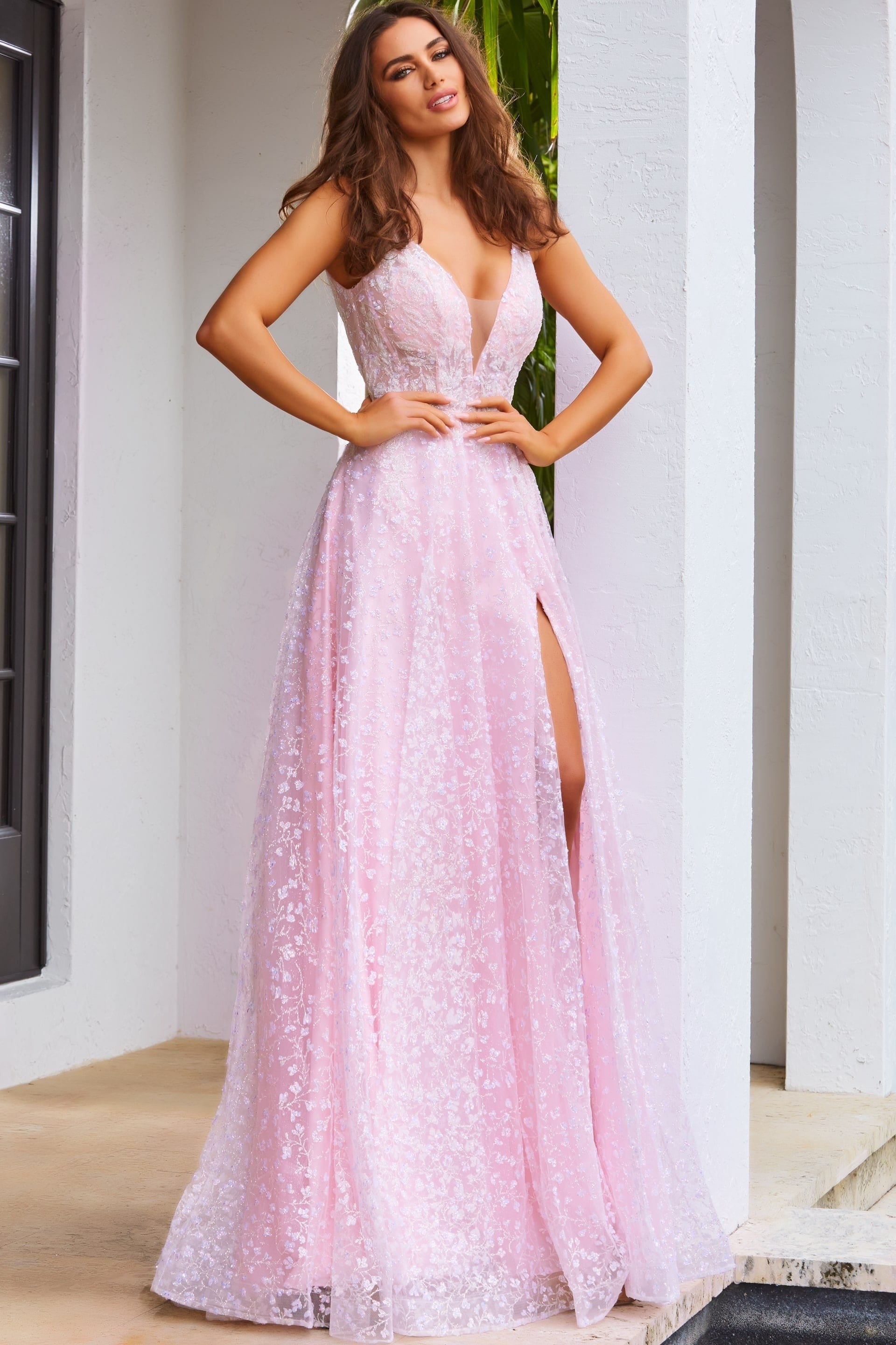 JVN08421-light-pink-prom-dress-A-line-floral-lace-plunging-v-neckline-court-train-high-slit-front-1
