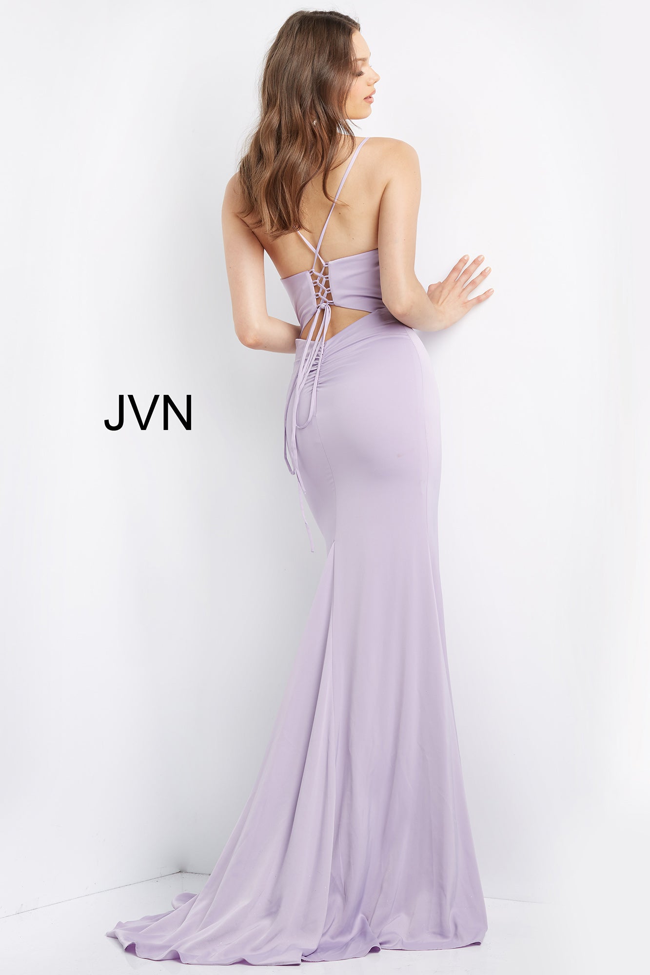JVN08569-Lilac-Prom-Dress-FRONT-cowl-neckline-fitted-fit-and-flare-with-a godet-train-and side-slit