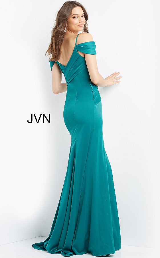 JVN08414 Long Straight Prom Pageant Gown  Pleated form fitting bodice, floor length skirt with a slit, off the shoulder neckline with V neck, spaghetti straps