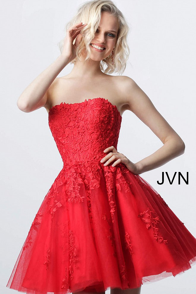 Jovani JVN1830 lace and tulle strapless straight neckline fit and flare short cocktail dress homecoming dress Jovani JVN 1830 Homecoming, Short Cocktail Dress, Formal Evening gown. Strapless Floral Lace embellished homecoming dress  Available Colors: Burgundy, Light Blue, Light Pink, Navy, Off White/Nude, Red  Available Sizes:  00-24