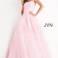 Jovani JVN1831 is a Long Tulle Ball Gown Prom Dress with a fitted strapless bodice with floral embroidered lace.  Embroidering cascades down into the skirt of this ballgown evening gown. Also makes a perfect informal wedding dress.