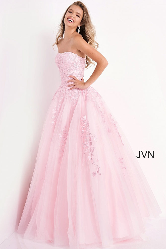 Jovani JVN 1831 is a Long Tulle Ball Gown Prom Dress with a fitted strapless bodice with floral embroidering. Embroidering cascades down into the skirt of this ballgown evening gown. Also makes a perfect informal wedding dress. 