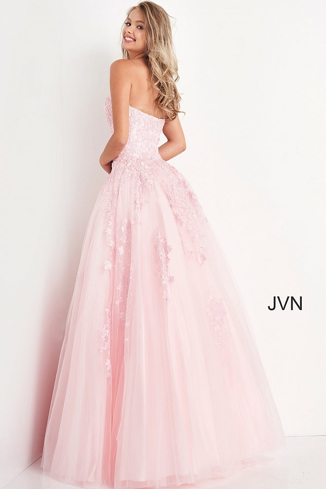 Jovani JVN 1831 is a Long Tulle Ball Gown Prom Dress with a fitted strapless bodice with floral embroidering. Embroidering cascades down into the skirt of this ballgown evening gown. Also makes a perfect informal wedding dress. 