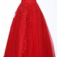 JVN 1831 is a Long Tulle Ball Gown Prom Dress with a fitted strapless bodice with floral embroidering. Embroidering cascades down into the skirt of this ballgown evening gown. 