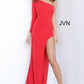 JVN2122 One long sleeve fitted embellished prom dress sexy evening gown in jersey with high slit