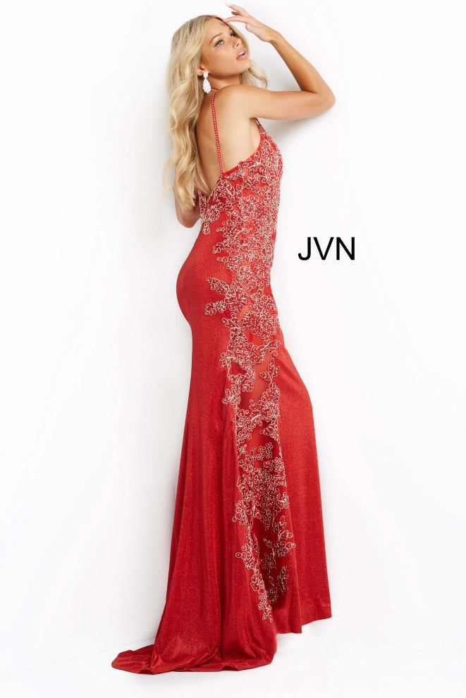 Jovani JVN2205 Embellished Iridescent Lace Illusion Prom Dress Sheer Shimmer Gown