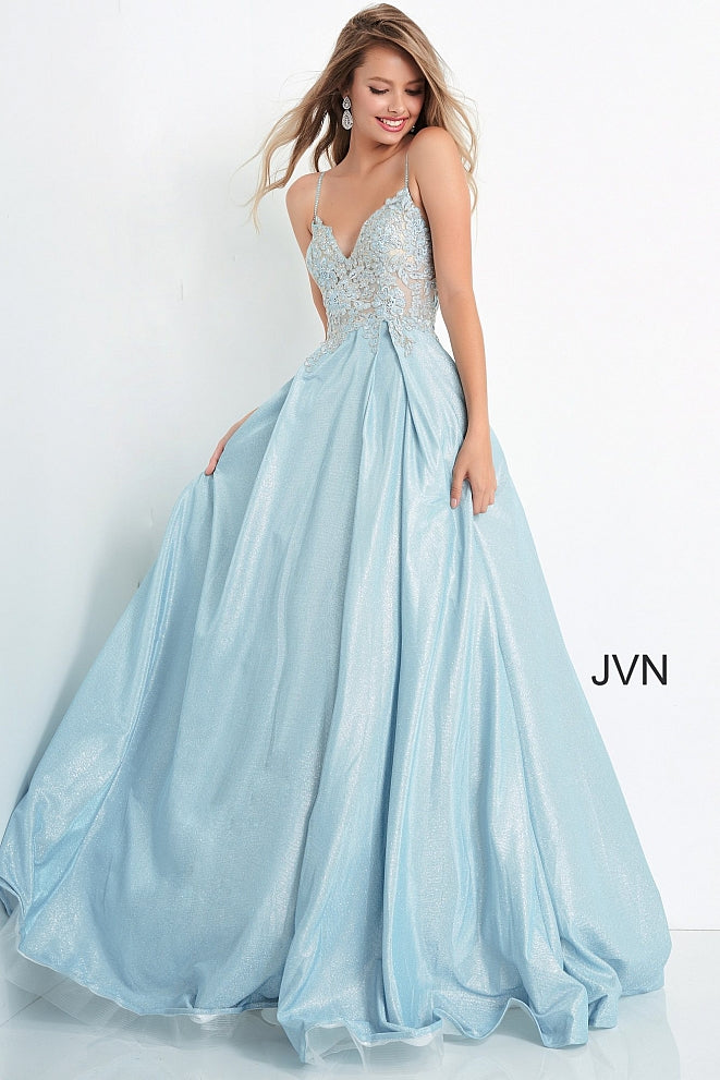 JVN2206 JVN by Jovani 2206 is a Magical Iridescent Shimmer Ballgown. Featuring a Sheer Lace Applique embellished Bodice with lace embellished spaghetti straps. corset lace up back. Long Full Iridescent Shimmer Pleated Ballgown skirt with pockets. Romantic & Sultry this Gown is fit for a Queen! Great for Prom Dresses, Pageant Dresses & Formal Event Wear! Available at Glass Slipper Formals Lake City FL! Closure: Invisible Back Zipper up to waist, lace up back.