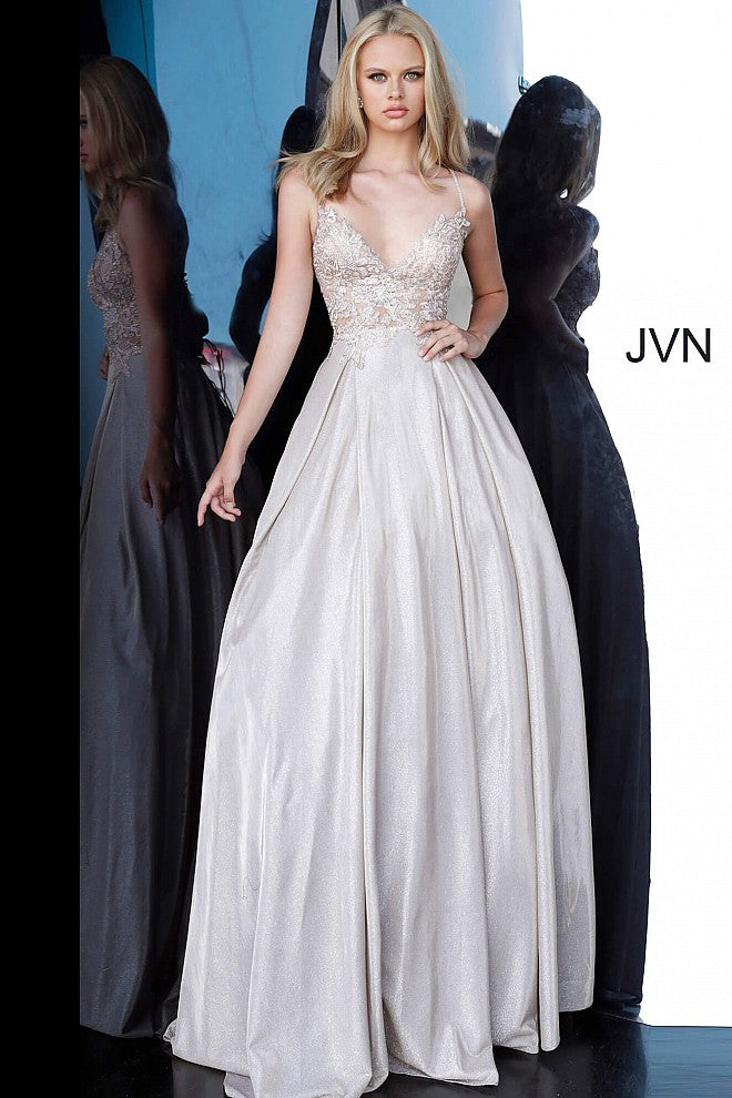 JVN2206 JVN by Jovani 2206  Nude Sheer Embellished Ballgown Prom Dress Shimmer Iridescent evening gown 