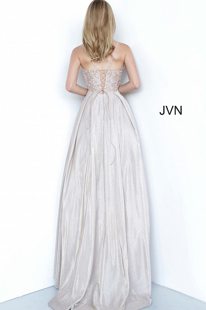 JVN by Jovani 2206  Nude Sheer Embellished Ballgown Prom Dress Shimmer Iridescent evening gown 