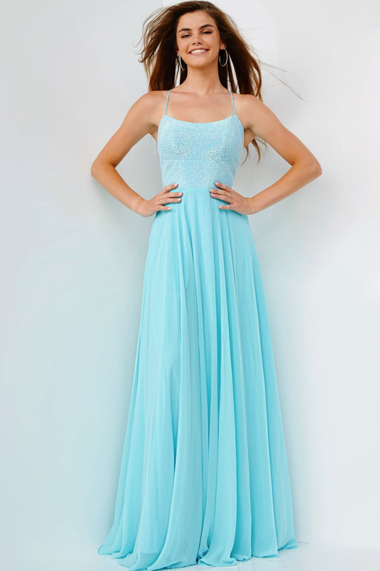 JVN22288 Scoop Neckline Prom Dress Embellished Top Flowy Chiffon Maxi Skirt