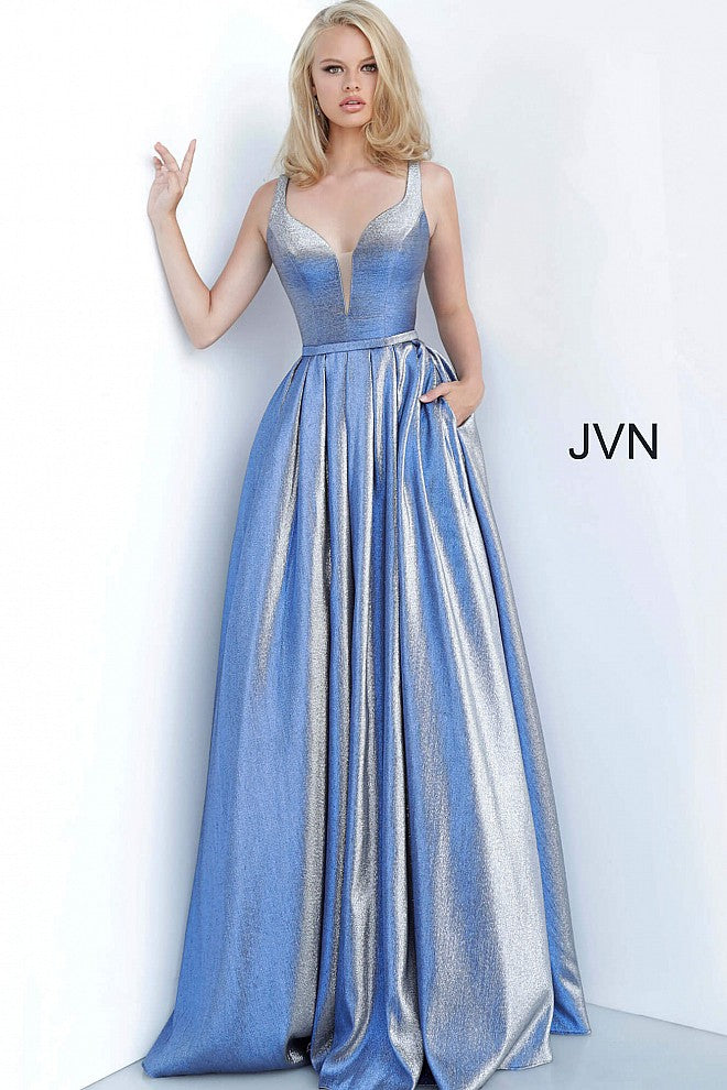 JVN 2229 is a Stunning Iridescent Blue Shimmer Prom Dress. Ball Gown Silhouette with a Deep V Plunging Neckline and pleated skirt. V midrise back