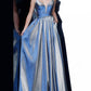 JVN 2229 is a Stunning Iridescent Blue Shimmer Prom Dress. Ball Gown Silhouette with a Deep V Plunging Neckline and pleated skirt. V midrise back