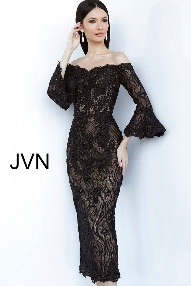 JVN2241 Off the shoulder three quarter length bell sleeves all over lace fitted tea length cocktail dress evening gown with slit in the back